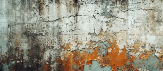 The photo captures a weathered cracked concrete wall covered in abstract orange and gray paint strokes and stains. The contrast between the rusted metal and vibrant colors creates a unique visual