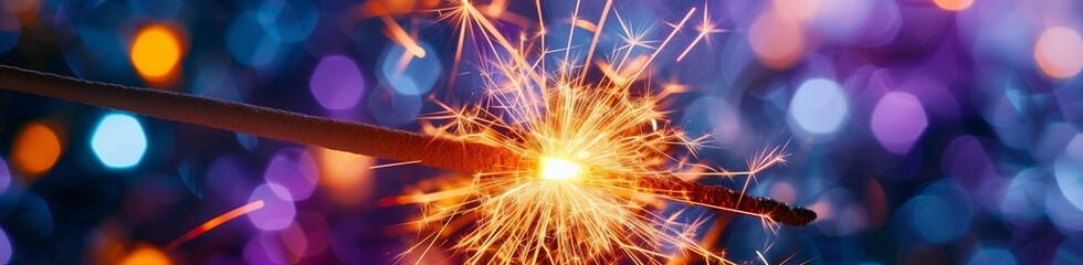 A closeup of a vibrant orange sparkler, its intense light casting a warm glow, set against a background of deep purple and blue bokeh lights, symbolizing the transition from the old year to the new.