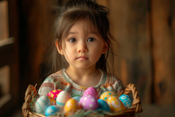 Fototapeta na wymiar Little Girl Holding a Basket of Easter Eggs