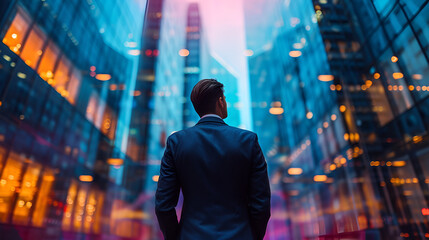 back of businessman in suit with business office glass modern buildings background for economic market stock investment. generative ai  - obrazy, fototapety, plakaty