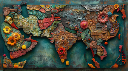 Cultural Kaleidoscope: An Intricate Map of India Decorated with Vibrant Patterns and Symbols - obrazy, fototapety, plakaty