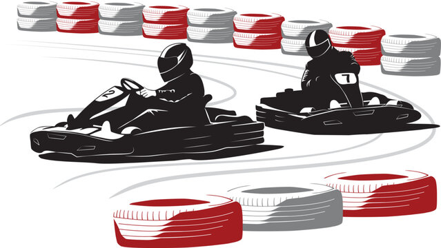 Two go kart racers in a racing circuit. Racers enters the circuit turn. 