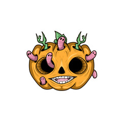 vector: a pumpkin head with several holes and worms coming out of the pumpkin