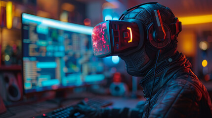 Cyberpunk Hacker Wearing a VR Headset and Typing on a Keyboard