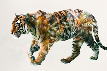 Fototapeta premium A tiger overlaid with the intricate patterns of tropical foliage in a double exposure