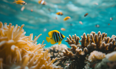 Fototapeta na wymiar Corals and colorful tropical fish in the blue tropical sea, Generative AI
