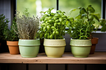 Basil, rosemary, thyme in old pots on a wooden shelf. Generated by artificial intelligence