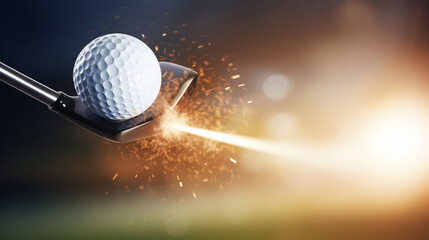 Sport and recreational day,a Golf ball on tee with  a golf club hitting on fire - obrazy, fototapety, plakaty