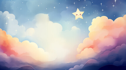 Funny stars in the clouds, an emotional character with eyes and a smile, watercolor background image for children