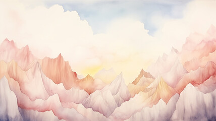 Mountain landscape in pastel clouds, background postcard in watercolor style