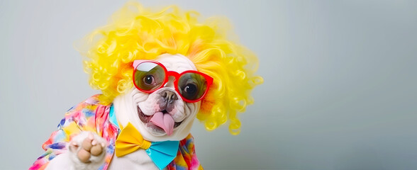 playful dog in colorful wig and joker outfit dress for April fool day