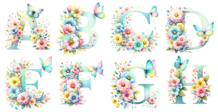 Pastel Spring Floral Alphabet - Letter A to H. Floral Alphabet With Butterfly Clipart. Watercolor Design 