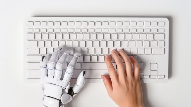 White robot hand and human hand typing and work on Key board , Collaborate work , AI , Artificial intelligence and a technology.