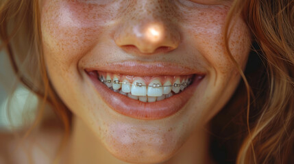 Charming female smile with white teeth in braces,generative ai