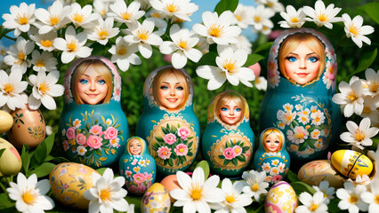 Easter background with nesting dolls and eggs