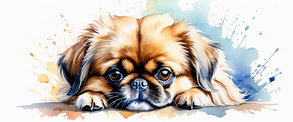 Close up of a cute pekinese face. A puppy looking straight ahead. Illustration of a brown dog in watercolor style. Abstract watercolor background.