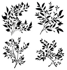 Fototapeta premium Leaves and branches silhouette, Imitation of watercolor, isolated on white. Sketched wreath, floral and herbs garland. Handdrawn Vector style, nature illustration