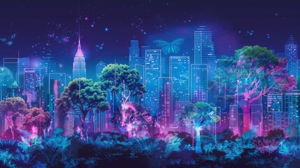 Starry night over a neon-infused cityscape with ethereal butterflies, blending nature and urban fantasy.