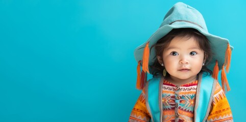 Peruvian adorable toddler girl in colorful Andean attire against a light turquoise pastel solid background, copy space