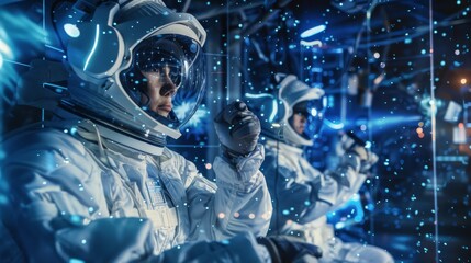 Focused astronauts in a state-of-the-art spacecraft control room are interacting with futuristic holographic interfaces on a crucial space mission.