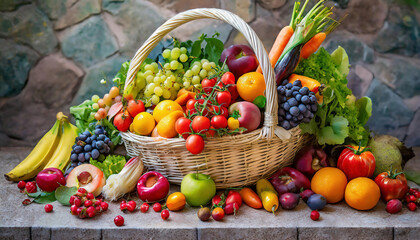 Fresh fruits and vegetables in a basket on the background of a grunge stone wall
