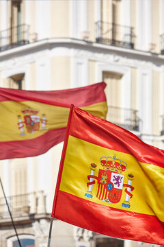 Spanish flags and coat of arms. Nation symbol. Spain