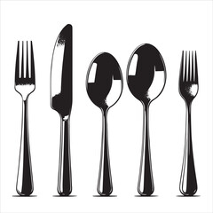 Silhouettes of sleek stainless steel cutlery isolated on white background