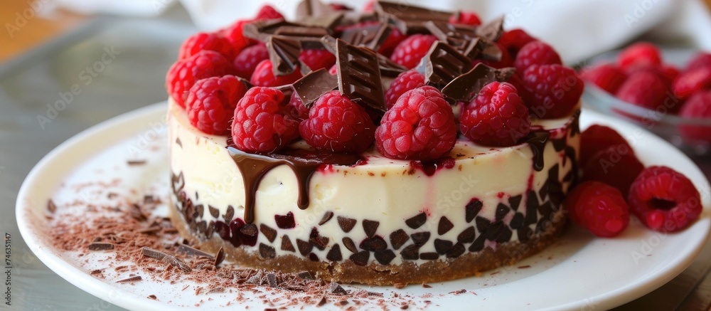 Canvas Prints A rich and indulgent cheesecake sits elegantly on a white plate, topped with fresh raspberries and luscious chocolate drizzle. The combination of creamy cheesecake, tart raspberries, and sweet