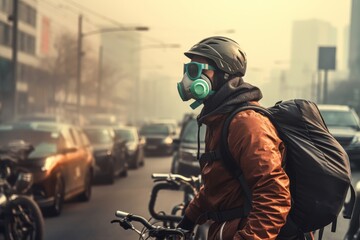 Bicycle rider wearing a pollution mask with cars and their emissions in the background, emphasizing alternative transportation
