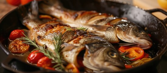 A pan filled with fish and assorted vegetables simmers on top of a stove. The bass is being braised until succulent, with the savory aroma filling the kitchen.