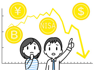 下落傾向のチャートと暗い表情の若い夫婦（折れ線グラフ・金貨）