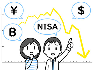 下落傾向のチャートと暗い表情の若い夫婦（折れ線グラフ・通貨記号）