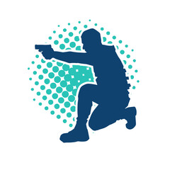 Silhouette of a police officer wearing bulletproof vest firing a hand gun weapon.