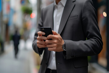 A businessman in a suit talks on his phone while walking on a busy city street. Generative Ai Illustration.