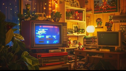 A nostalgic vintage room decorated with holiday lights and retro toys, featuring an old TV with colorful screen glitches