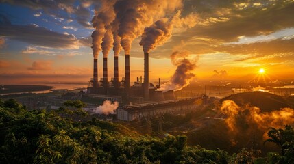Air pollution from power plant chimneys. - obrazy, fototapety, plakaty