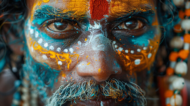 Aborigine Holi Expressions: Faces Painted with Elaborate Designs and Bright Colors