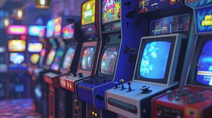 Close-up view captures the intricate details of joystick controls and bright screens of various retro arcade games
