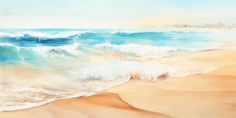 Watercolor Beach with Sea Waves, Aquarelle Ocean Tide, Vacation Background with Sea Waves Drawing
