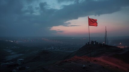 A solitary Turkish flag waves against a dusky sky, overshadowing a sprawling industrial landscape below - obrazy, fototapety, plakaty