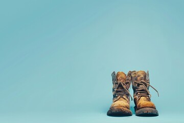 A pair of well-worn boots sit against a plain blue background, evoking feelings of adventure and nostalgia - obrazy, fototapety, plakaty