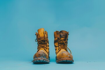 A pair of heavily used work boots stands on a blue surface, representing hard work and enduring dedication