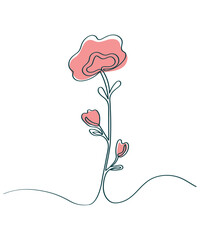 Flower drawn with one line. One line floral illustration, Flower with pink spot. Vector illustration.