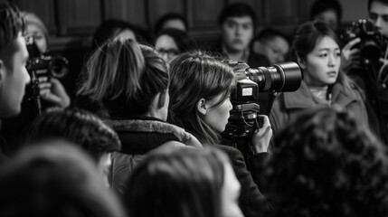 A black and white image featuring a female photographer taking pictures amidst a crowded event - obrazy, fototapety, plakaty