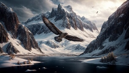 Beautiful winter landscape with snowy mountains and an eagle flying in the sky - obrazy, fototapety, plakaty