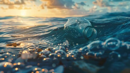 Environmental problem of plastic rubbish pollution in ocean - obrazy, fototapety, plakaty