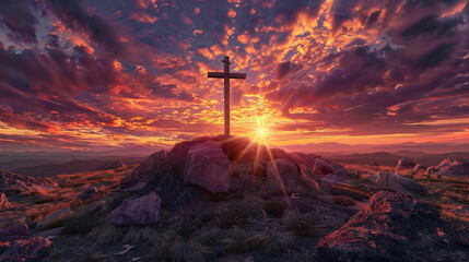 Sacred Crucifix Silhouette Against a Dramatic Sunset Sky Signifying Redemption and Faith