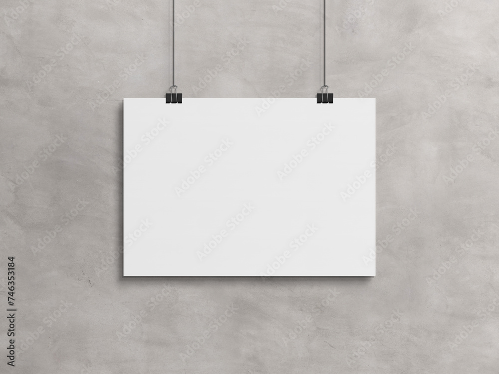 Poster blank horizontal poster hanging with clips on a concrete wall mockup. 3d rendering