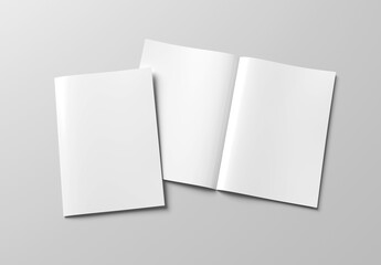 Magazine cover and open magazine mockup on white background. Empty brochure template on blank. 3D rendering