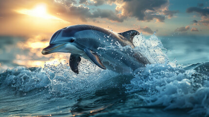 Fototapeta premium Sun illuminates ocean depths, mystical marine life, vibrant blues, dolphins forming Pisces.generative ai